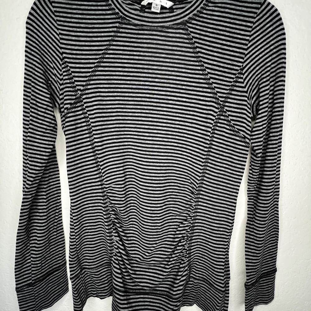 CAbi Style 795 Black Gray Striped Gathered Top Small